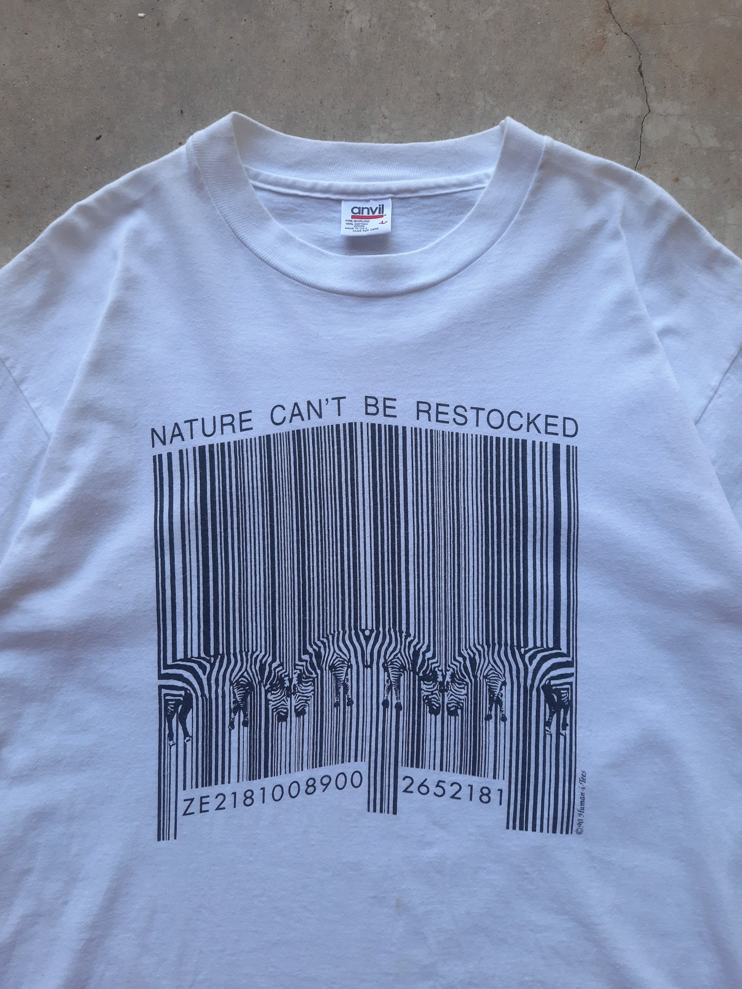 Vintage 1990 Human-i-Tees Nature Can't Be Restocked Zebra Barcode T-Shirt (L)