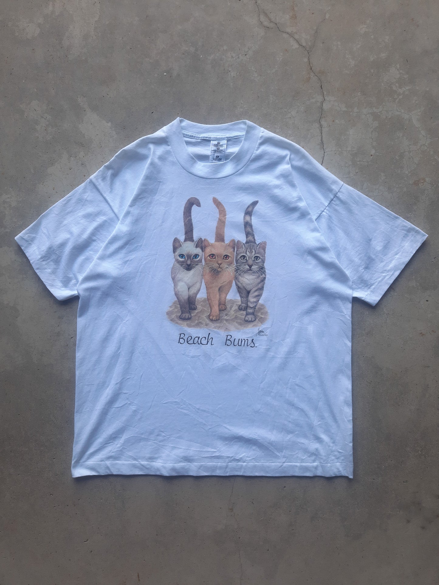 Vintage 90s Bob Harrison Wildside Beach Buns Double Sided Three Cats Art T-Shirt (XL)