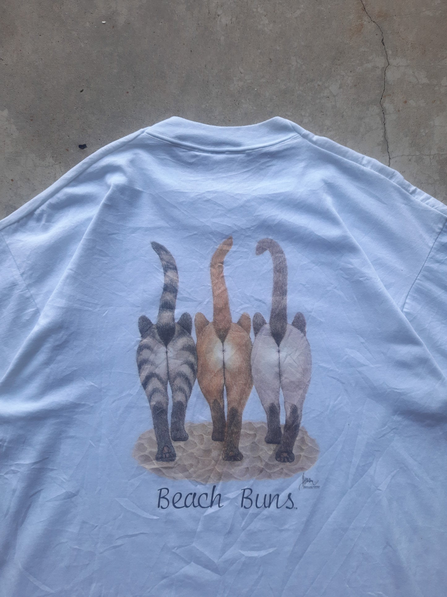 Vintage 90s Bob Harrison Wildside Beach Buns Double Sided Three Cats Art T-Shirt (XL)